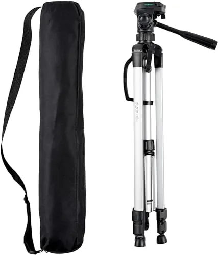 Amazon Basics Kamerastativ 152 cm – Leicht & Höhenverstellbar - Hochwertiges Stativ für DSLR-Kameras bis 3 kg. Mit 3-Wege-Schwenkkopf, Wasserwaage und Schnellwechselplatte. Ideal für stabile Aufnahmen und einfach im Transport dank Tasche.