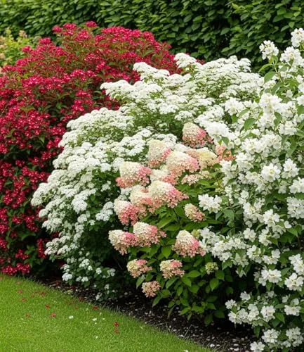 BALDUR Garten Duftende Blütenhecke 4x Pflanzen im Topf - Vielfältige blühende Pflanzen für Ihren Garten, winterhart und pflegeleicht. Ideal für Sonne bis Halbschatten, blüht von März bis November.