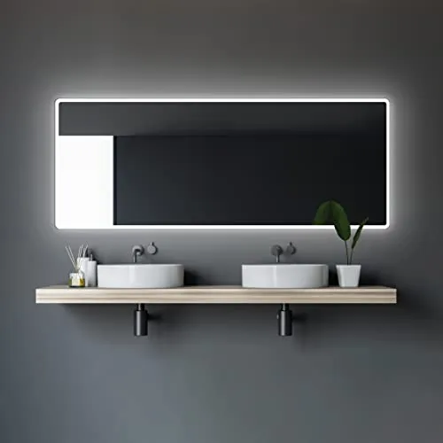 Badspiegel TALOS "Moon" - Eleganter LED Lichtspiegel - Hochwertiger Badspiegel mit sandgestrahlter LED-Lichtumrahmung, energiesparend und perfekt für stilvolle Badezimmer. Maße: 180x70 cm, edles Design in silberfarben.