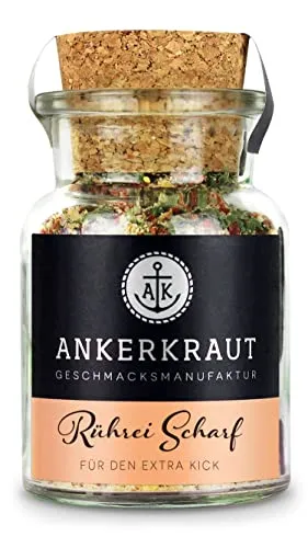 Ankerkraut Rührei Scharf, Mischung würzender Zutaten für Ei mit Chili, Spiegelei und Omelette zum Früstück, lecker würzen, 75g im Korkenglas