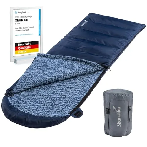 Skandika Dundee Deckenschlafsack Baumwollflanell, Koppelbar, für 3 Jahreszeiten - Der Skandika Dundee bietet großzügigen Platz und Bewegungsfreiheit. Aus weichem Baumwollflanell sorgt er für angenehme Nächte bei Temperaturen bis -20°C. Inklusive Packsack mit Kompressionsbändern für einfachen Transport.