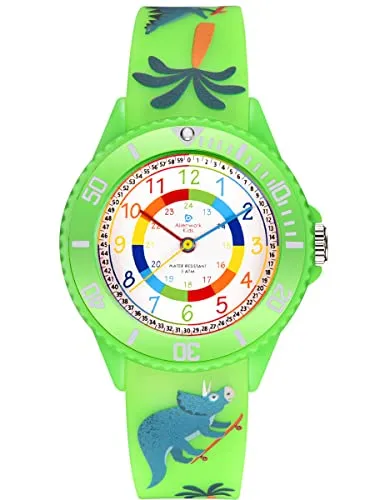 Alienwork Kids Dino T-Rex Lernuhr - Armbanduhren für Jungen, farbenfrohe Lernuhr mit robustem Resin-Gehäuse, 5 ATM wasserdicht und ideal zum spielerischen Lernen der Uhrzeit.