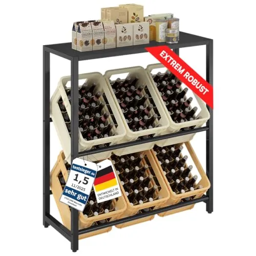 STEELSØN Macondo Getränkekistenregal - Platzsparendes Regal für 6 Kisten - Standregal mit robuster Stahlkonstruktion und bis zu 100 kg Tragkraft pro Ebene. Ideal für Küche, Keller oder Wohnzimmer – inklusive praktischer Ablage für Flaschen oder Zubehör.