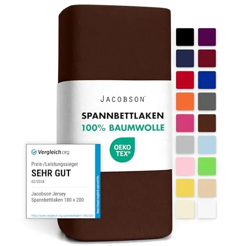 Jacobson Jersey Spannbettlaken Spannbetttuch Baumwolle Bettlaken (120x200-130x200 cm, Schokobraun)
