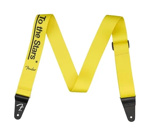 Fender Tom DeLonge To The Stars Strap Graffiti Yellow - Gitarrengurt aus Polyester mit verstellbarer Länge von 86 bis 150 cm, bedruckt mit dem einzigartigen "To The Stars"-Schriftzug und hochwertigen Lederenden.
