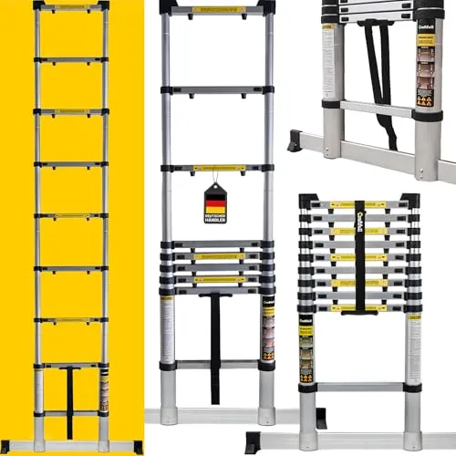𝐂𝐑𝐀𝐅𝐓𝐅𝐔𝐋𝐋 Aluminium Teleskopleiter CF-101A – 4.4 Meter - Stehleiter mit 3 Jahren Garantie, Sicherheits-Rasterverschlüsse und gummierte Füße für stabilen Stand – ideal für Malerarbeiten und Dachrinnenreinigung.