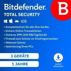 Bitdefender Total Security 3 Geräte - 1 Jahr - Security-Suiten mit umfassendem Schutz für 3 Geräte, inklusive sicherem VPN und Webcam-Schutz, ideal für sorgenfreies Surfen und Online-Transaktionen.