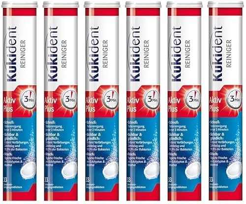 Kukident Gebissreiniger Aktiv Plus - 6x33 Tabs für die Dritten - Zahnersatzreiniger mit Aktiv-Sauerstoff: Entfernt 99,9% der Bakterien und sorgt für frischen Geschmack dank Eukalyptus und Menthol.