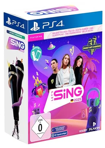 Let's Sing 2025 German Version mit 2 Mics für Playstation 4 - Musikspiel für bis zu 4 Spieler mit offiziellen Musikvideos und 2 hochwertigen USB-Mikrofonen für unvergessliche Karaoke-Abende.