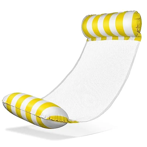 Balinco – Aufblasbare Wasserhängematte Luftmatratze mit 2 Luftkammern & Nylon Netz für Pool – Floatie Wassermatratze Relaxliege für Erwachsene & Kinder – Sommer Poolzubehör (Gelb/Weiß)