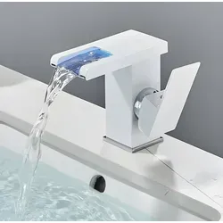 Waschtischarmatur Wasserfall Wasserhahn Badarmatur mit LED-Beleuchtung & internem Wasserkraftwerk - WEIß