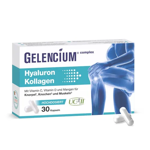 Gelencium Hyaluron Kollagen hochdosiert mit Vitamin C Kapseln - Kollagen-Präparate mit hochdosiertem Hyaluron, Vitamin C und Mangan für gesunde Knochen, Knorpel und Muskeln – ohne Magnesiumstearat und Farbstoffe.