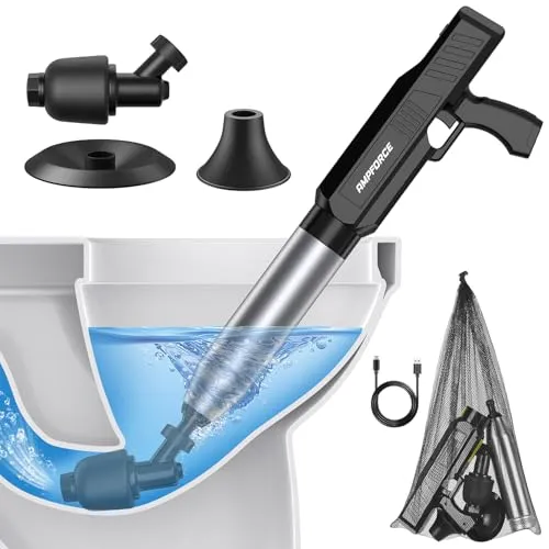 AMPFORCE Elektrischer Abflussreiniger - Hochdruck Pömpel für Toiletten und Abflüsse - Effizienter elektrischer Pömpel mit einstellbarem Druck von 1–8 BAR. Ideal für Toiletten, Duschen und Waschbecken. Einfach zu reinigen und hygienisch in der Anwendung. USB-C-Ladegerät für schnelle Einsatzbereitschaft.