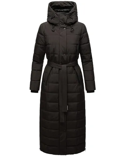 Navahoo Damen Wintermantel - Warmer Steppmantel mit Kapuze und Taillengürtel in Schwarz (Gr. XXL) - Funktionsjacken – Eleganter, gesteppter Wintermantel mit abnehmbarem Kunstfellkragen und praktischen Reißverschlusstaschen für optimalen Komfort in der kalten Jahreszeit.