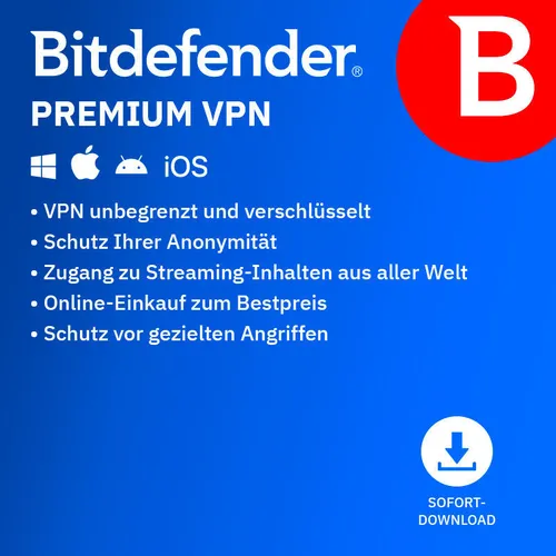Bitdefender Premium VPN für 10 Geräte - 1 Jahr Download - Security-Suiten, schützt Ihre Privatsphäre mit erstklassiger Verschlüsselung und ermöglicht sichereres Surfen auf bis zu 10 Geräten.