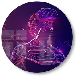 DEQORI Wanduhr 'Mann mit VR-Brille' (Glas Glasuhr modern Wand Uhr Design Küchenuhr) blau|lila|rosa 50 cm x 50 cm