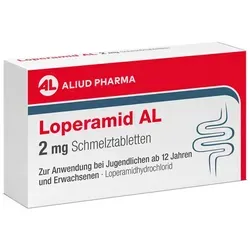 Loperamid Al 2 mg Schmelztabletten – Praktische Hilfe - Schmelztabletten zur einfachen Einnahme ohne Wasser. Zergehen auf der Zunge und schmecken nach Minze. Ideal für unterwegs bei akutem Durchfall für Erwachsene und Jugendliche ab 12 Jahren.