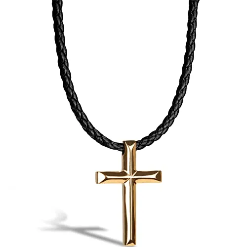 SERASAR Herren Leder-Halskette mit Kreuz Anhänger - 60cm Gold - Ketten für Herren, aus echtem Rindsleder und mit hochwertigem goldenen Edelstahl-Anhänger; ideal als Geschenk in edler Schmuckschachtel.