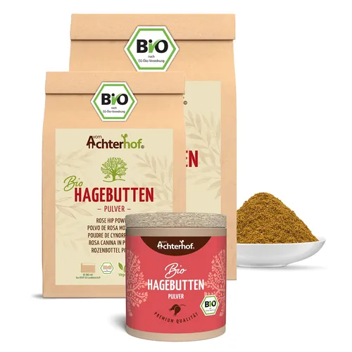 Hagebuttenpulver Bio 1000g - Aromatisches Hagebuttenpulver in Rohkostqualität, ideal für Müsli und Smoothies, 100% bio vom Achterhof