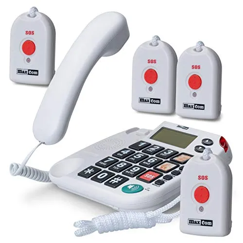 Maxcom KXT481SOS: Seniorentelefon mit Notruf Sender - Telefone mit großen Tasten & Freisprechfunktion, ideal für Senioren mit 4 Notrufknöpfen und zuverlässiger Festnetzverbindung, auch bei Stromausfall.