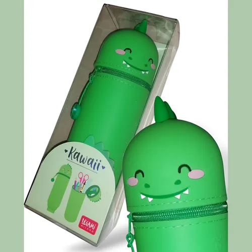Legami Kawaii 2-in-1 Dino Federmäppchen - Praktisches Schlamperetui aus weichem Silikon, bietet Platz für Lieblingsstifte und steht dank einziehbarem Boden stabil. Ideal für Schule und Freizeit.