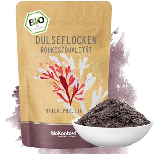 bioKontor – Bio Dulse Flocken 100g – Dulse Algen Palmaria Palmata – Atlantik Wildsammlung – 100% naturrein – Algen Flocken für Smoothies, Detox-Smoothie, Salate & Küche – Rohkostqualität vegan