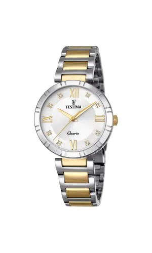 Festina Damen Analog Quarz Uhr F16937/A - Elegante Armbanduhr mit 32 mm Edelstahlgehäuse und stilvollem Edelstahl-Armband in Silber und Gold, perfekt für jeden Anlass und wasserdicht bis 5 bar.