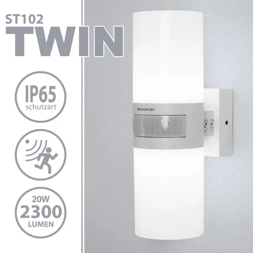 max K O M F O R T LED Außenwandleuchte TWIN mit Bewegungsmelder - Lampen mit 2300lm Lichtleistung, IP65 wetterfest und ideal für Sicherheit im Außenbereich durch Bewegungsmelder.