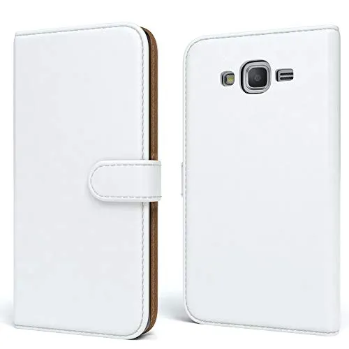 EAZY CASE Tasche kompatibel mit Samsung Galaxy Grand Prime Schutzhülle mit Standfunktion Klapphülle Bookstyle, Handytasche Handyhülle mit Magnetverschluss und Kartenfach, Kunstleder, Weiß