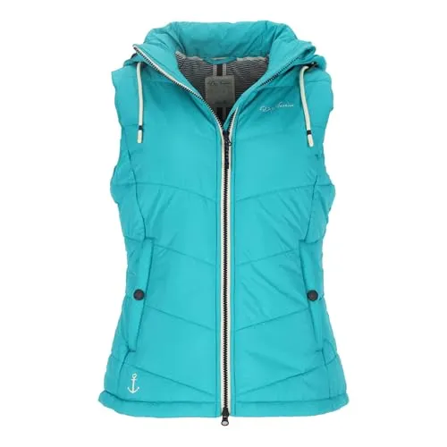 Dry Fashion Damen Steppweste Rügen mit abnehmbarer Kapuze - Türkise Weste Größe 38 - ELEGANTE STEPPWESTE - Diese taillierte Damenweste bietet optimalen Tragekomfort und schützt vor Wind. Die abnehmbare Kapuze sorgt für Flexibilität, während praktische Taschen genügend Stauraum für persönliche Gegenstände bieten.