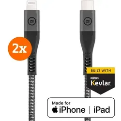 BlueBuilt USB-C-auf-Lightning-Kabel 1,5m Kevlar Schwarz Doppelpack - Praktisches Doppelpack für schnelles Laden und Datentransfer von iPhone, iPad und AirPods. Robuste Kevlar-Verstärkung sorgt für lange Haltbarkeit – ideal für den Alltag.