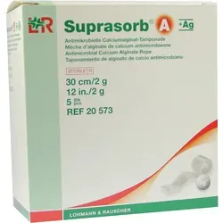 Suprasorb A+ag Antimikro Cal.-Alginat Tampo 30cm 2G 5 ST - Arzneimittel zur Versorgung infizierter Wunden mit antimikrobieller Wirkung, fördert die Wundheilung durch hohes Exsudataufnahmevermögen und bildet ein feuchtes Wundklima.