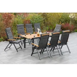 Merxx Gartenmöbelset "Tilos" 17tlg. mit Ausziehtisch - Elegantes Gartenmöbelset aus Aluminium mit Akazienholz, inkl. 8 verstellbaren Klappsesseln und bequemen Kissen. Der ausziehbare Tisch passt sich Ihren Bedürfnissen an - ideal für gesellige Abende im Freien.