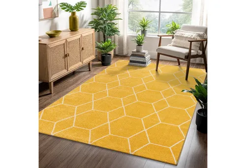 Teppich SANAT "Trellis", gelb, 60x110 cm - Der Teppich SANAT "Trellis" vereint modernes geometrisches Design mit Funktionalität. Ideal für verschiedene Einrichtungsstile und pflegeleicht, bringt er Farbe und Stil in Ihr Zuhause. Maße: 60x110 cm, Höhe: 10 mm.