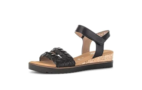 Gabor 82.759 Damen Sandalette - Elegante Riemchen Sandalen in Schwarz - Hochwertige Damen Sandalette von Gabor, gefertigt aus echtem Glattleder. Bequemes Fußbett und schicker Keilabsatz aus Kork sorgen für angenehmen Tragekomfort im Alltag.