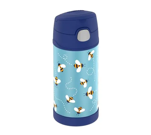THERMOS kids FUNTAINER STRAW BOTTLE 0,35l, bees, Thermosflasche für Kinder aus Edelstahl, mit Strohhalm, 12 h kalt, absolut dicht, für Schule, Kindergarten, Pause