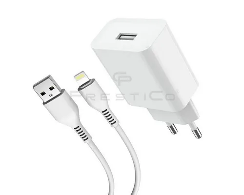 PrestiCo F6S​ Schnell Ladegerät + Ladekabel​ 1xUSB+LIGHTNING​ 2​.​1A​ white Smartphone-Kabel, Lightning, USB-A (100 cm), Schnellladefunktion 2​.​1A