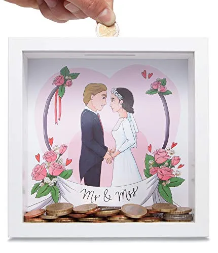 GLÜCKSWOLKE - Spardose Mr & Mrs I Motiv Hochzeit I 3D Bilderrahmen befüllen I Geldgeschenke Verpackung für JGA, Brautpaar, Hochzeitsgeschenk I Sparschwein Deko I Sparbüchse Hochzeitskasse Geschenk
