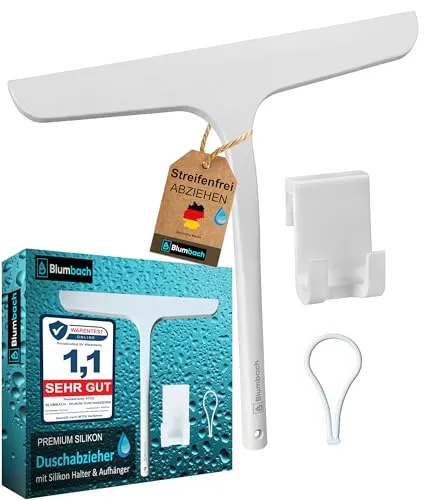 BLUMBACH® Duschabzieher mit Halterung 28 cm - Duschabzieher aus Silikon mit Edelstahlkern, sorgt für streifenfreies Abziehen ohne Quietschen und schützt Fliesen vor Schimmel. Inklusive Halterung für einfachen Zugang.