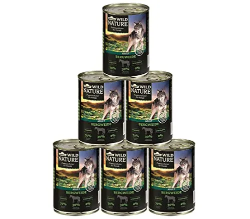 Dehner Wild Nature Hundefutter Bergweide, Nassfutter getreidefrei / zuckerfrei, für ausgewachsene Hunde, Pferd, 6 x 400 g Dose (2.4 kg)