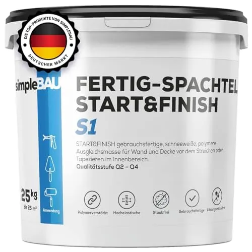 simpleBAU Spachtelmasse Weiß Innen 25 kg – Gebrauchsfertige Fertigspachtel für perfekte Wände - Eisenwaren Spachtelmasse, mühelos anwendbar ohne Anmischen, für spiegelglatte Ergebnisse ideal zum Glätten und Reparieren von Wänden und Decken.
