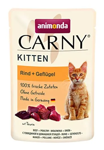 animonda Carny Kitten Katzenfutter Premium Pouch nass Pouch Rind + Geflügel (12 x 85g), getreidefreies Katzen Nassfutter ohne Zucker, mit frischen fleischigen Zutaten