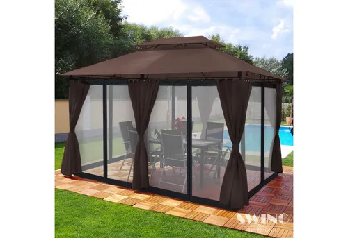 Swing&Harmonie Luxus LED Pavillon 3x4m Minzo - Gartenpavillon mit LED-Beleuchtung, Solarmodul und Moskitonetz - ideal für entspannte Sommertage und -abende, wetterfest und hitzeabweisend.