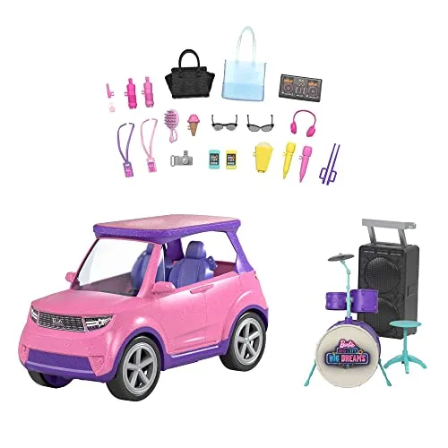 Barbie Big City Big Dreams Cabrio, 2-in-1 Bühne - Puppenset mit umwandelbarem SUV in Bühne, über 20 Zubehörteile für Konzerte, ideal für kreative Kinder ab 3 Jahren.