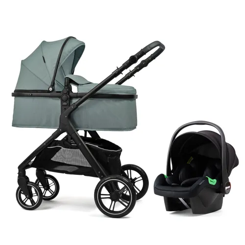 Pixini Kombi-Kinderwagen Nelio 3in1 Set - Kombikinderwagen in mystic mint mit schwarzfarbigem Gestell, ausgestattet mit großem Sonnenverdeck, mehrfach verstellbarer Rückenlehne und Babyschale für höchsten Komfort ab Geburt.