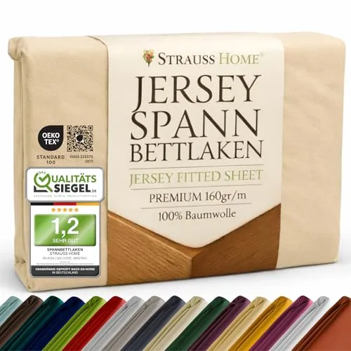 Strauss Home® Premium Spannbettlaken – 160 g/m² Gekämmte Baumwolle – Jersey in Hotelqualität – Formstabil & Langlebig – Rundumgummi – Für Matratzen bis 27 cm – 120x200cm-120x220cm - Sand/Natur