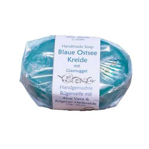 Inselseife | Seife Blaue Ostseekreide mit Glasstein | handgemacht mit Rügener Heilkreide und Aloe Vera-Öl veganer Frischeduft | 100 g Stück