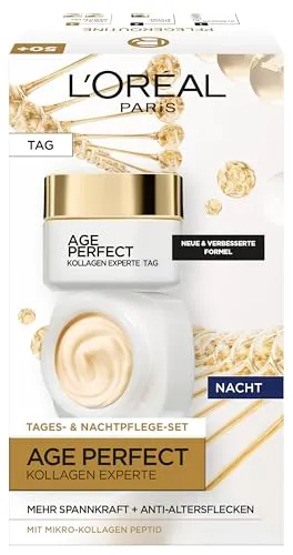 L'Oréal Paris Age Perfect Kollagen Experte Gesichtspflegeset - Feuchtigkeitspflege für straffere Haut: Tages- und Nachtcreme mit Kollagen-Peptid zur Unterstützung der Hautelastizität. Für alle Hauttypen geeignet und einfach in der Anwendung.