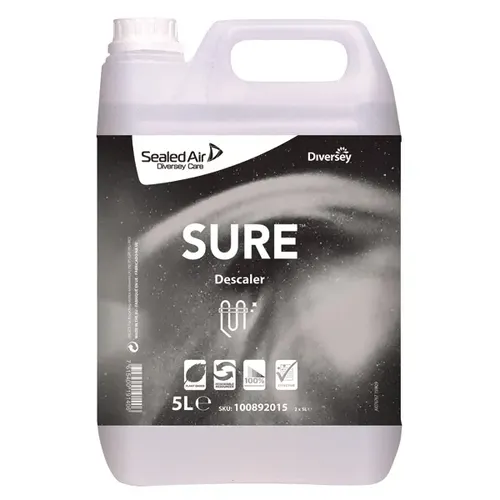 Diversey SURE Descaler 5 L Entkalker - Konzentrierter Entkalker für die professionelle Reinigung von Oberflächen und Geräten. Ideal für den täglichen Einsatz in Gastronomie und Haushalt. 100% biologisch abbaubar. Weitere Informationen entnehmen Sie bitte dem Datenblatt!