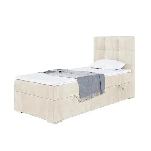 MEBLINI Boxspringbett KAI mit Bettkasten – Gepolstertes Einzelbett 90x200 cm - Erleben Sie königlichen Schlafkomfort mit dem MEBLINI Boxspringbett KAI. Dank des cleveren Stauraums und des bequemen Topper ist Ihr Schlafzimmer stets ordentlich und einladend.